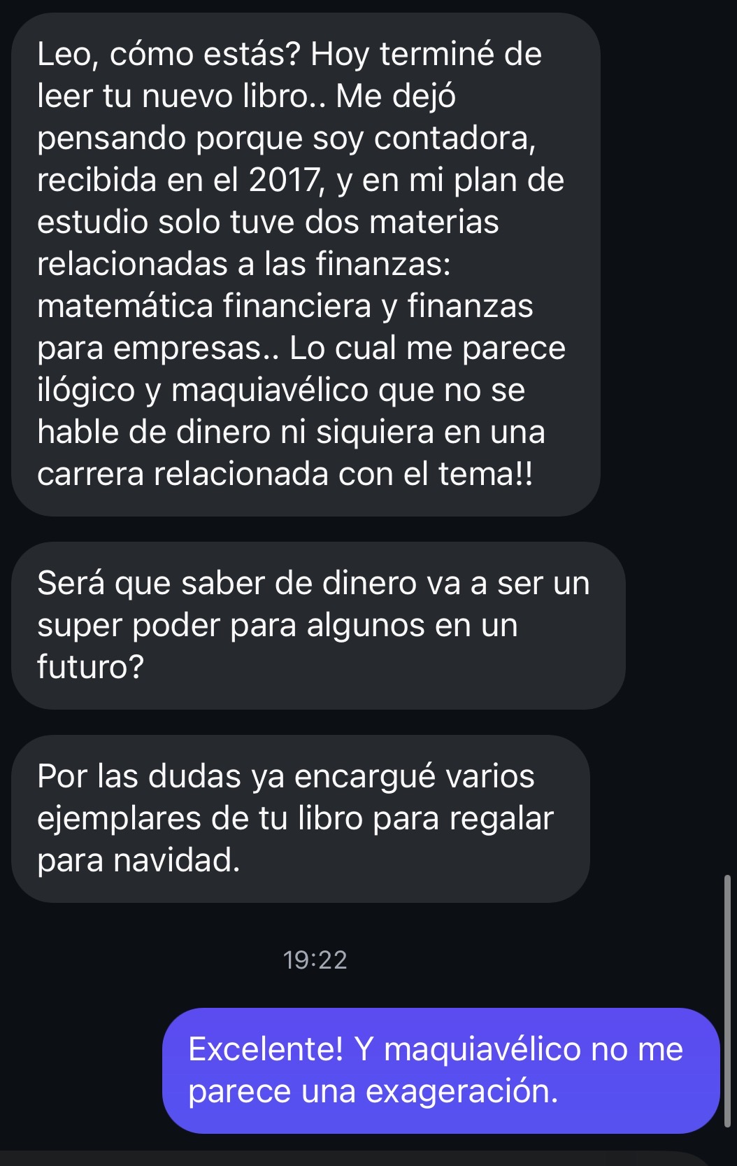 Mensaje directo de Instagram de una contadora reflexionando sobre la educación financiera