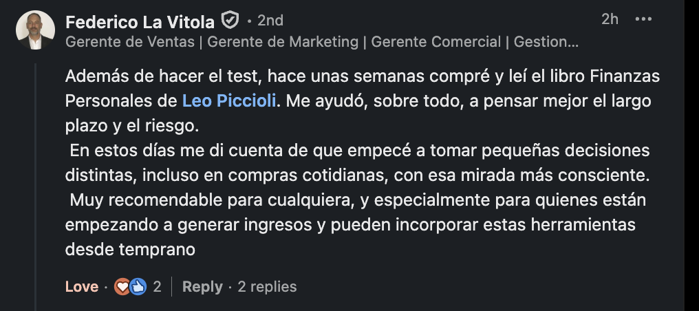 Comentario de LinkedIn de Federico La Vitola sobre el libro de finanzas