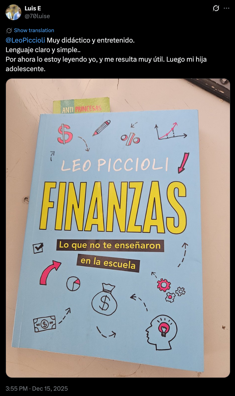 Tweet de Luis E recomendando el libro de finanzas de Leo Piccioli