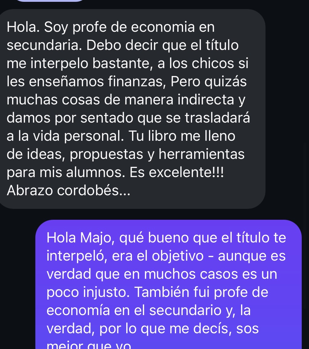 Mensaje de Instagram de Majo, profesora de economía, sobre el libro