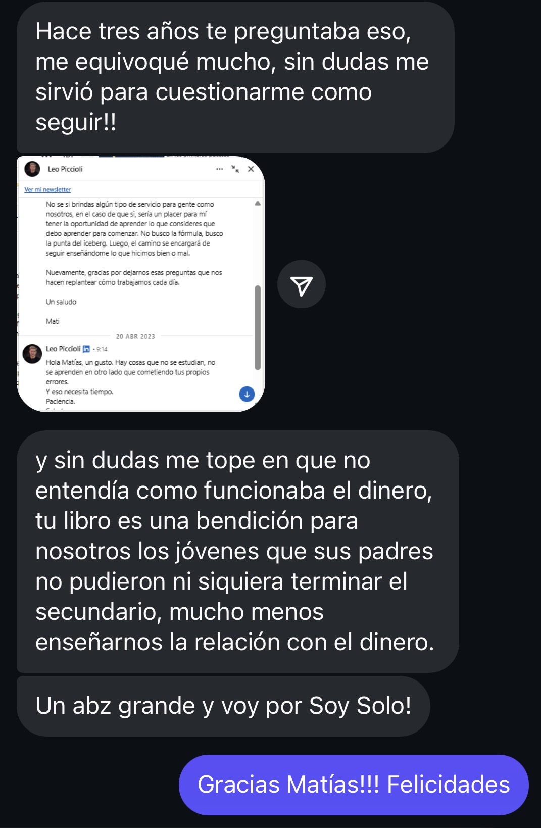 Mensaje de Instagram de Mati agradeciendo el libro de finanzas personales