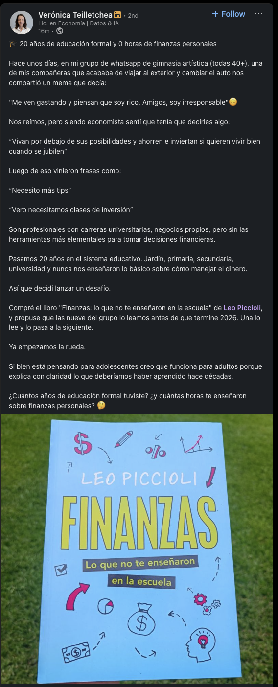 Publicación de LinkedIn de Verónica Teilletchea sobre el libro de finanzas