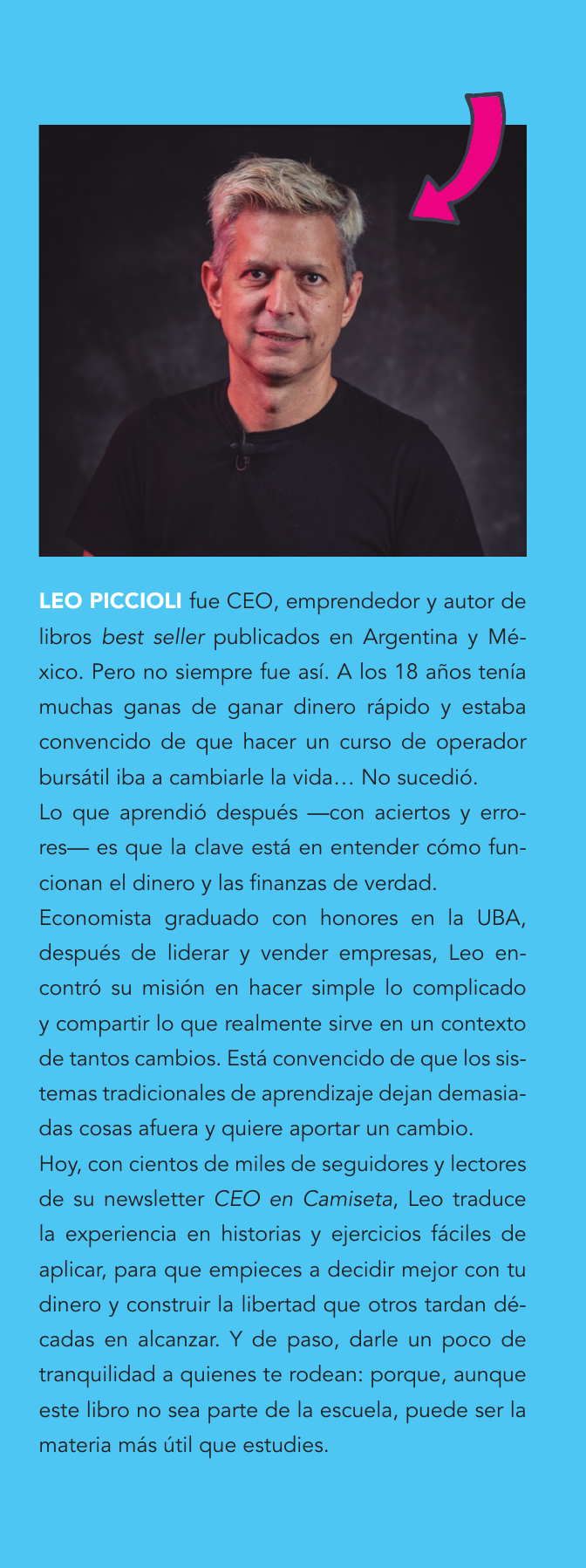 Solapa de la edición impresa de Finanzas: Lo que no te enseñaron en la escuela, con la foto y biografía de Leo Piccioli